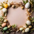 Easter egg frame with pastel colored eggs and green leaves on pink background template Royalty Free Stock Photo