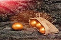 Tree bark with traditional easter golden eggs in burlap Royalty Free Stock Photo