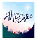 Easter egg on the grass. Dark silhouette on a light background. Greeting card happy Easter. Vector illustration.