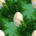 Easter egg and boxwood in green background. Seamless spring pattern. Royalty Free Stock Photo