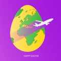 Easter egg with green world map. Yellow Planet Earth in form of egg on bright purple background with flying light gray airplane an Royalty Free Stock Photo