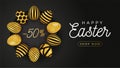 Easter egg horizontal banner. Easter card with eggs laid out in a circle on a black plate, gold and black ornate eggs on black