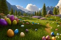 Colourful Easter eggs dotted around a meadow ready for an Easter egg hunt. AI-Generated Royalty Free Stock Photo