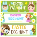 Easter egg hunt banners with cartoon kids. Children Easter fun activity. Vector template for Invitations, advertisements