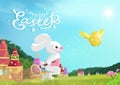 Easter, egg hunt, bunny catching golden egg flying on grass field in nature, fairy tale fantasy cartoon, greeting card calligraphy