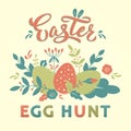 Easter egg hunt card design with hand lettering text and flowers, branches, textured eggs