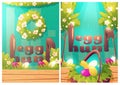 Easter egg hunt cartoon posters with rabbit ears Royalty Free Stock Photo