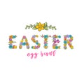 Easter egg hunt, Christian church festival card with flower letters font. Spring holiday on Resurrection Sunday.