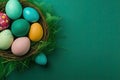 Easter egg hunt concept. Top view photo of various colorful easter eggs hidden among green grass