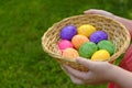 Easter Egg Hunt. Easter eggs set in a basket in children's hands on green grass background. Collecting eggs. Religious