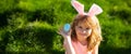Easter egg hunt. Happy Easter. Kids in bunny ears with Easter egg in basket. Boy play in hunting eggs. Horizontal photo Royalty Free Stock Photo