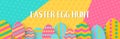 Easter Egg Hunt horizontal banner with a lettering. Paper cut Eggs. Cute geometric holidays colorful backdrop. Cheerful