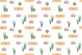 Seamless pattern of Easter egg hunt, eggs and plants, symbol of spring holidays illustration, green grass, wooden fence, eggs nest