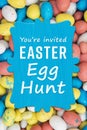 Easter Egg Hunt sign with candy eggs Royalty Free Stock Photo