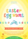 Easter egg hunt vector poster with jumping Easter banny and colored ornate egg on yellow gradient background. Funny cartoon invita