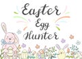 Easter egg hunter. Card with cute bunny and flowers