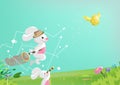 Easter, egg hunting game, greeting card holiday, bunny plays in garden, invitation poster background vector illustration