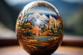 Easter egg with the image of the mountain landscape in the background, A close up view of a beautifully hand-painted Easter egg, Royalty Free Stock Photo