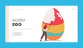 Easter Egg Landing Page Template. Woman Prepare for Easter Spring Holiday Celebration. Tiny Female Character with Roll