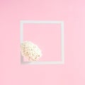 Easter egg made of delicate white gypsophila flowers on a white photo square frame and pastel pink background. Creative bright