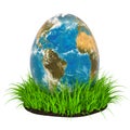 Easter egg with map of Earth in the green grass, 3D rendering Royalty Free Stock Photo
