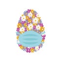 Easter Egg with medical mask. Colorful floral Easter egg with blooming flowers in face mask, isolated on white. Spring allergy.