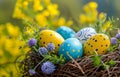 an easter egg nest with decorated eggs and herbs in a wooden nest Royalty Free Stock Photo