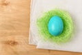 Easter egg in a nest of grass on a wooden background, holiday still life and decorations Royalty Free Stock Photo