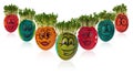 Easter egg painted in a funny smiley girl face and colorful patterns with cress like hair.