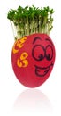 Easter egg painted in a funny smiley guy face and colored in red Royalty Free Stock Photo