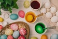Easter egg painting at the kitchen table. Royalty Free Stock Photo
