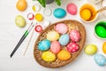 Easter egg painting at the kitchen table. Royalty Free Stock Photo