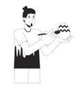 Easter-egg painting man adult caucasian black and white 2D line cartoon character