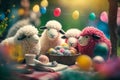 Easter egg painting party with a group of cute little sheep surrounded by a nest of painted eggs Royalty Free Stock Photo