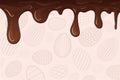 Easter egg pattern, dripping brown chocolate on decorated background. Holiday eggs texture. Melt fluid sweet dessert