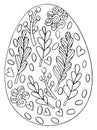 Easter egg with print `Flowers, branches, leaves, hearts and dots`. Hand drawing coloring book for children and adults.