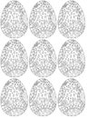 Easter egg with print Flowers, branches, leaves, hearts, drops and dots. Seamless pattern with nine eggs. Coloring book