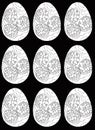 Easter egg with print `Water lily, leaves and waves`. Seamless pattern with nine eggs isolated on black. Hand drawing coloring boo Royalty Free Stock Photo