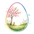 Easter egg rabbit sakura tree illustration with spring flowers Royalty Free Stock Photo