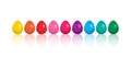 Easter egg in row, bright decor rainbow border, realistic collection with reflection. Holiday vector
