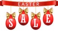 Easter egg sale 3D banner set. Gold ribbon bow, white text, red hanging eggs isolated background. Design poster Royalty Free Stock Photo