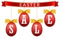 Easter egg sale 3D banner set. Gold ribbon bow, white text, red hanging eggs isolated background. Design poster Royalty Free Stock Photo