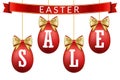 Easter egg sale 3D banner set. Gold ribbon bow, white text, red hanging eggs isolated background. Design poster Royalty Free Stock Photo