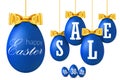 Easter egg sale 3D. Happy Easter hanging blue eggs, gold ribbon bow isolated white background. 10, 20, 30 percent off
