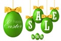 Easter egg sale 3D. Happy Easter hanging green eggs, gold ribbon bow isolated white background. 10 20, 30 percent off