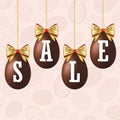 Easter egg sale 3D icons set. Gold ribbon bow, white text, hanging chocolate eggs, isolated background. Design banner Royalty Free Stock Photo