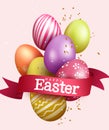 Easter egg season vector concept design. Happy easter text in ribbon lasso with 3d colorful and abstract pattern eggs for seasonal Royalty Free Stock Photo