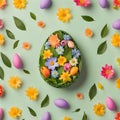 Easter egg shape made of colorful spring flowers and green leaves Royalty Free Stock Photo