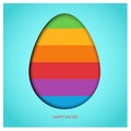 Easter Egg on sky blue background with colorful spring rainbow. Red Happy Easter greeting text. Bright design in paper-cut