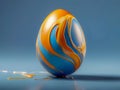 Easter egg splashed with yellow paint on blue background